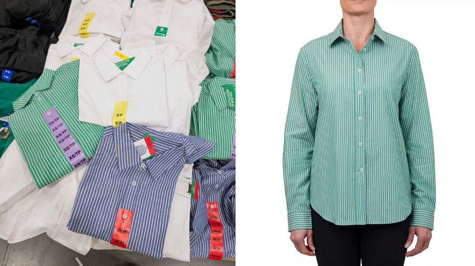 Des chemisiers tiss\u00e9s dans le rayon des v\u00eatements chez Costco. Droite : une mannequin porte un chemisier vert \u00e0 rayures blanches.