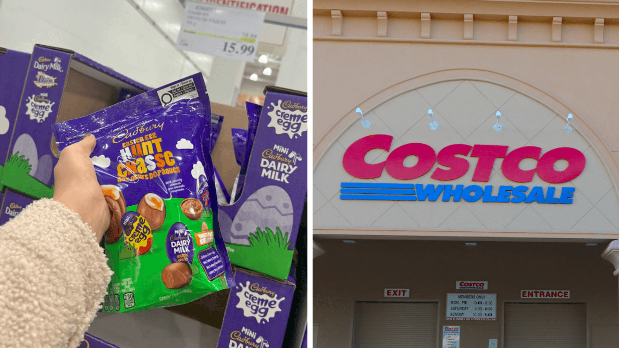 Des cocos de Pâques Cadbury au Costco. Droite : La façade d'un Costco.