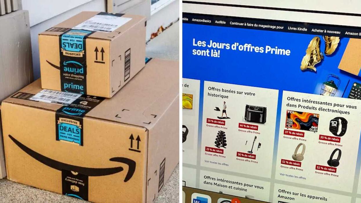 Des colis Prime d'Amazon. Droite : Le site Web d'Amazon Canada pendant le solde Prime Days.