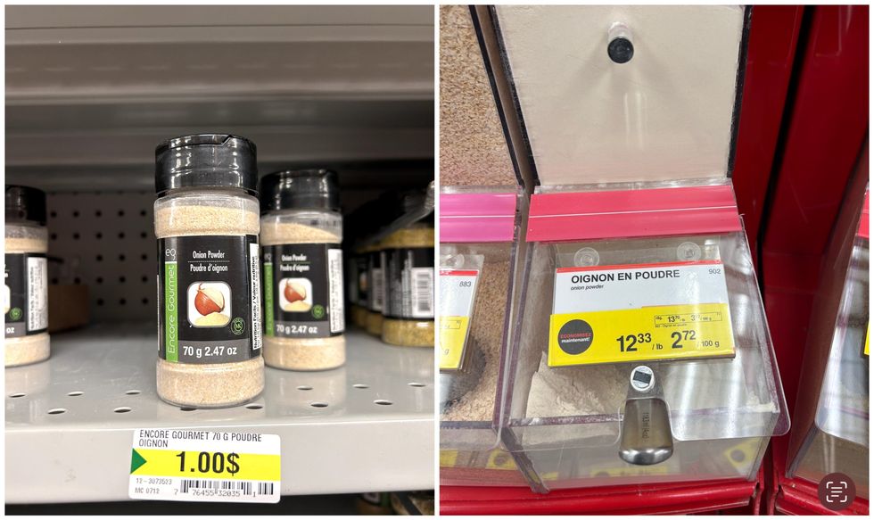 Des contenants de poudre d'oignon sur une tablette du Dollarama. Droite : Le contenant de poudre d'oignon en vrac du Bulk Barn.