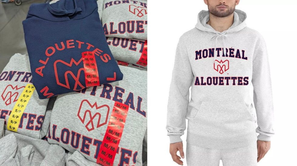 Des cotons ouat\u00e9s \u00e0 capuche \u00e0 l'effigie des Alouettes de Montr\u00e9al vendus dans le rayon des v\u00eatements chez Costco. Droite : un mannequin qui porte un kangourou des Alouettes de Montr\u00e9al gris.