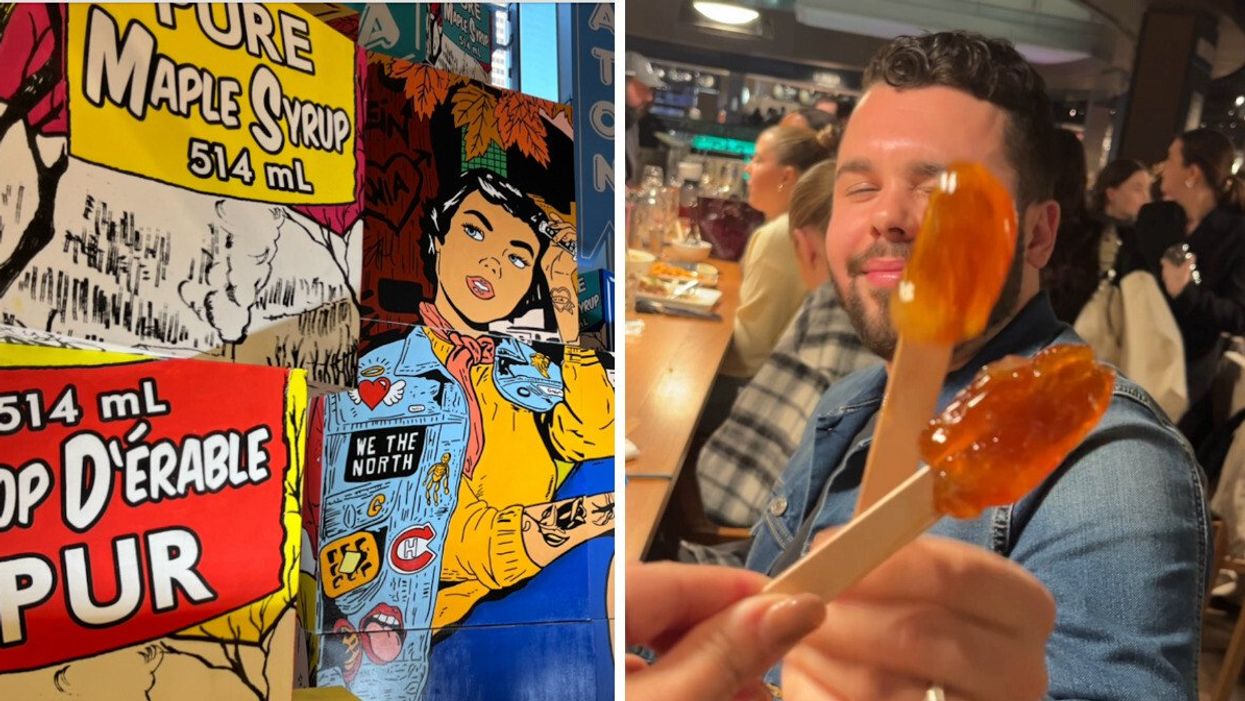 Des cubes de colorés de l'expo de l'artiste WhatisAdam. Droite : Un homme fait un « chin-chin » avec des bâtons de tire sur neige.