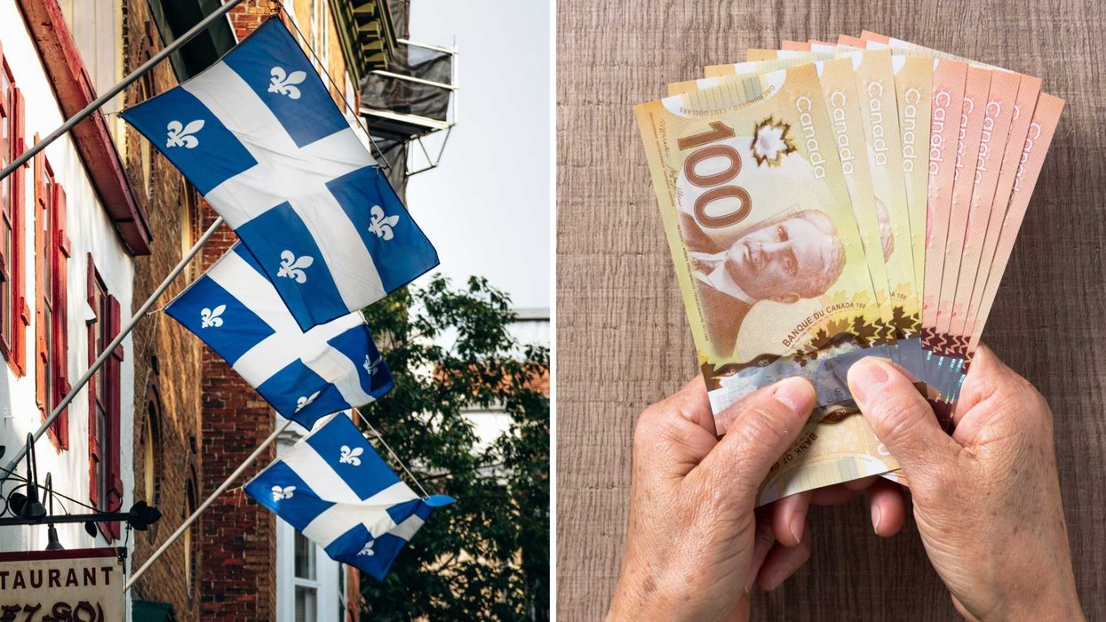Des drapeaux du Québec. Droite : de l'argent canadien.