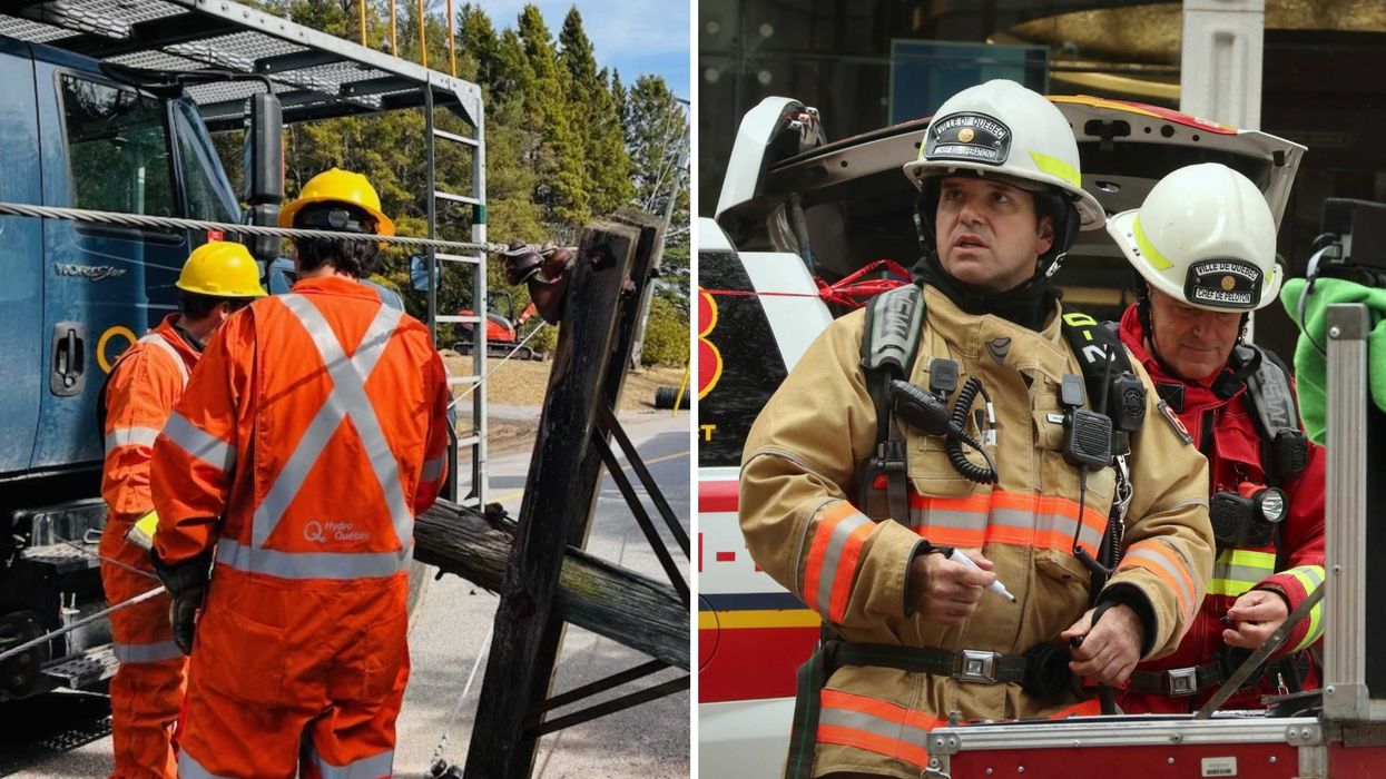 Des employés d'Hydro-Québec. Droite : des pompiers.