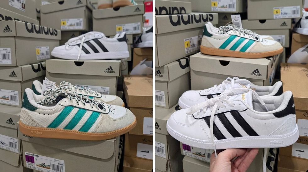 Des espadrilles beige et vert vendues dans le rayon des v\u00eatements au Costco. Droite : des espadrilles blanc et noir vendues dans le rayon des v\u00eatements au Costco.