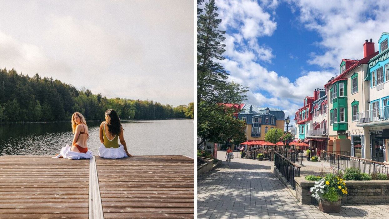 Des femmes au bord d'un quai. Droite : Les rues de Mont-Tremblant.