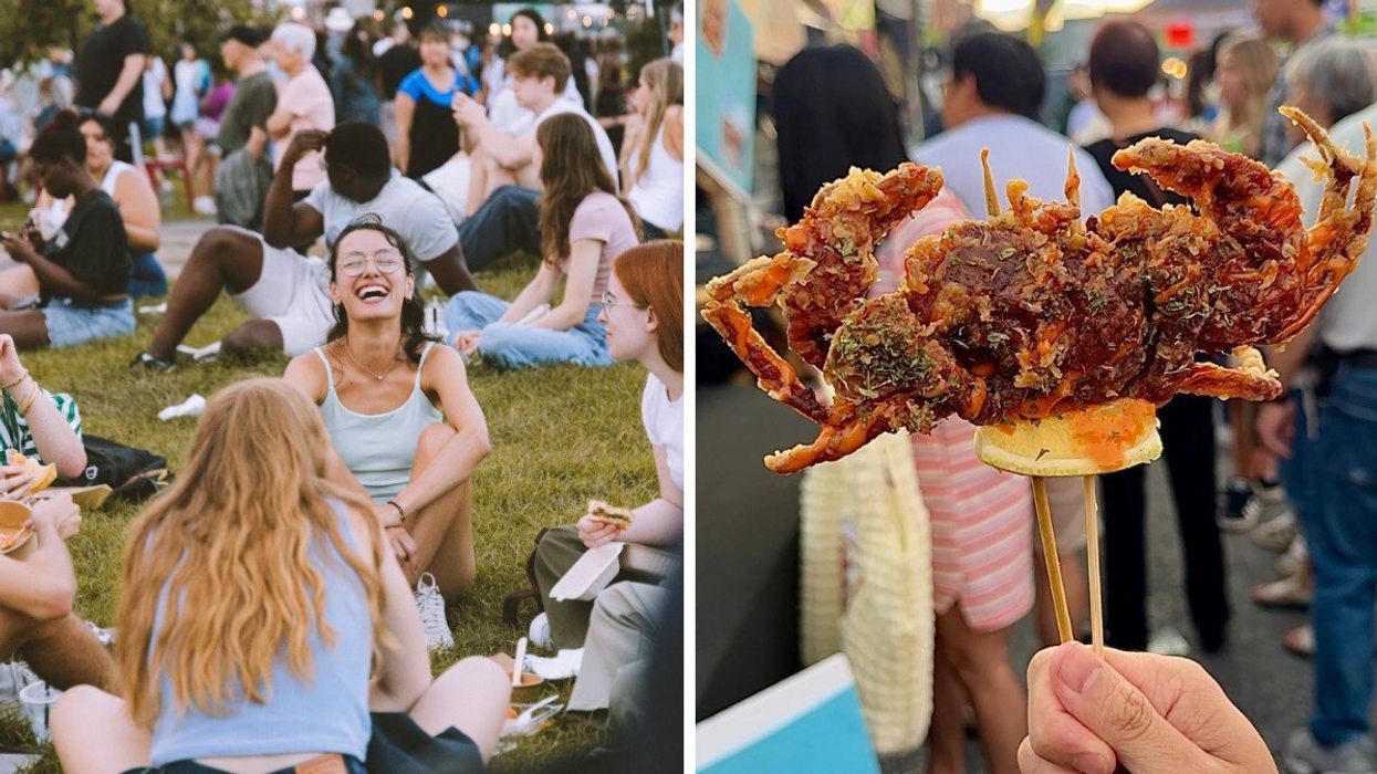 Des festivaliers. Droite : un crabe frit sur une brochette.