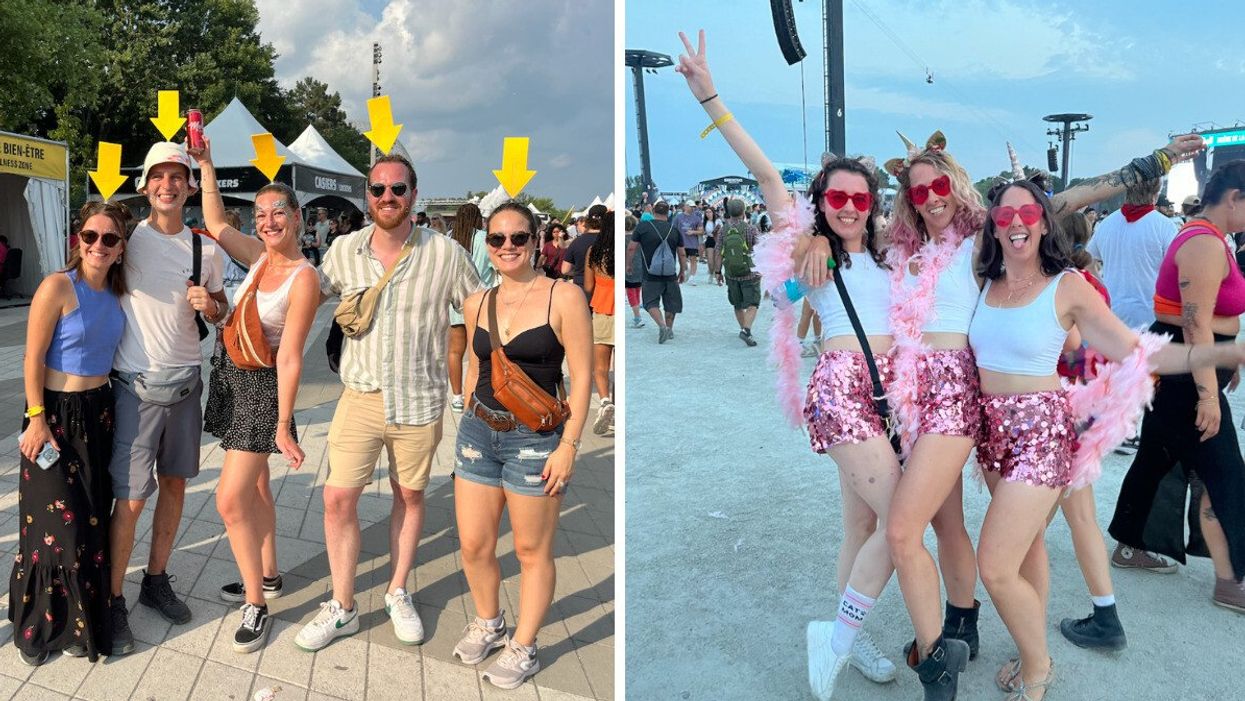 Des festivaliers et festivalières avec des flèches qui pointent leur tête. Droite : Des festivalières en rose.