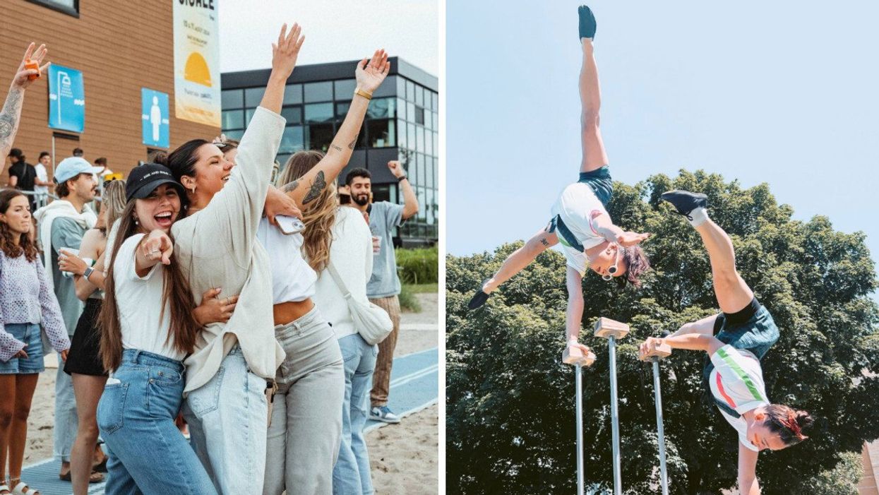 Des filles qui festoyent à la Baie de Beauport. Droite : Des acrobates de cirque.