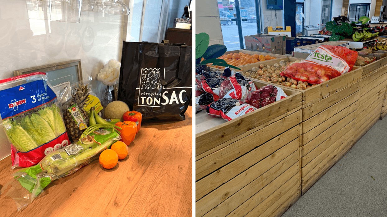 Des fruits et légumes de la fruiterie Remplis ton sac. Droite : La fruiterie Remplis ton sac.