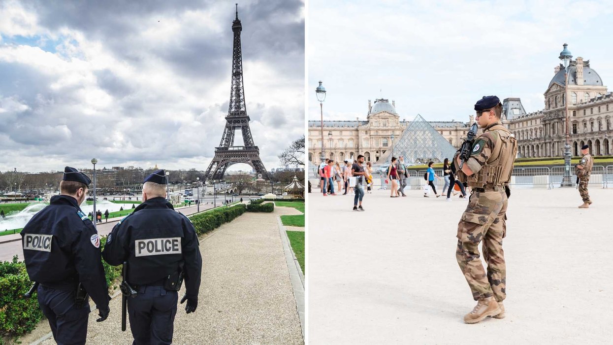 Des gendarmes, à Paris. Droite : un soldat français.