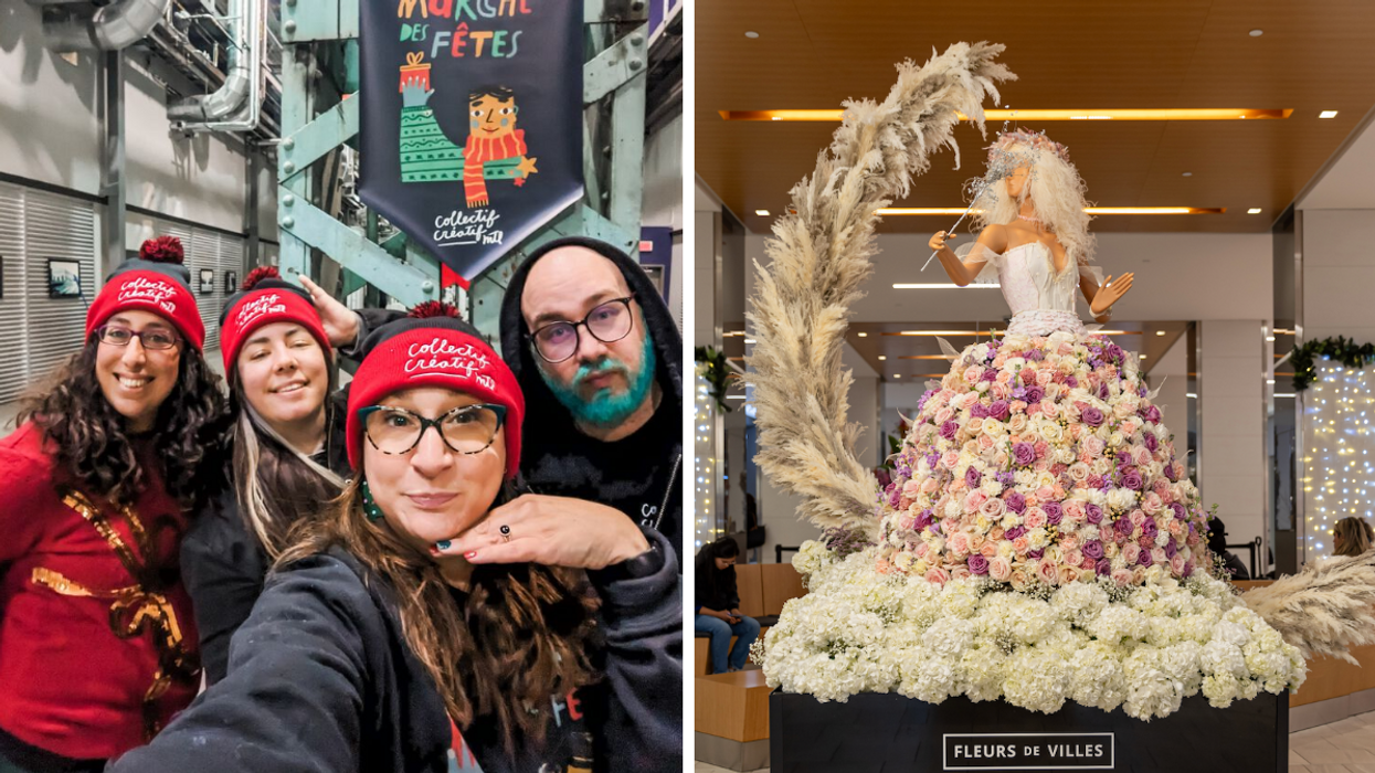 Des gens au Marché des Fêtes au Locoshop Angus. Droite : La sculpture La Nuit Étoilé de Fleurs de Villes.