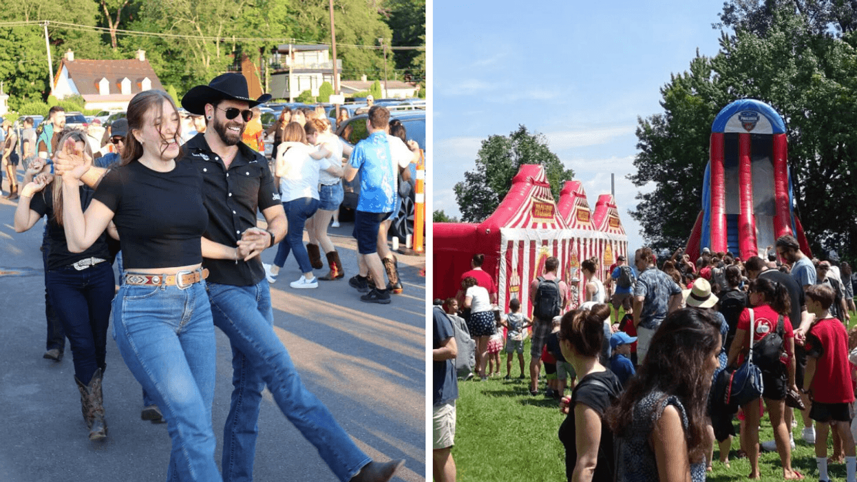 Des gens qui danse. Droite : Une fête du Canada.