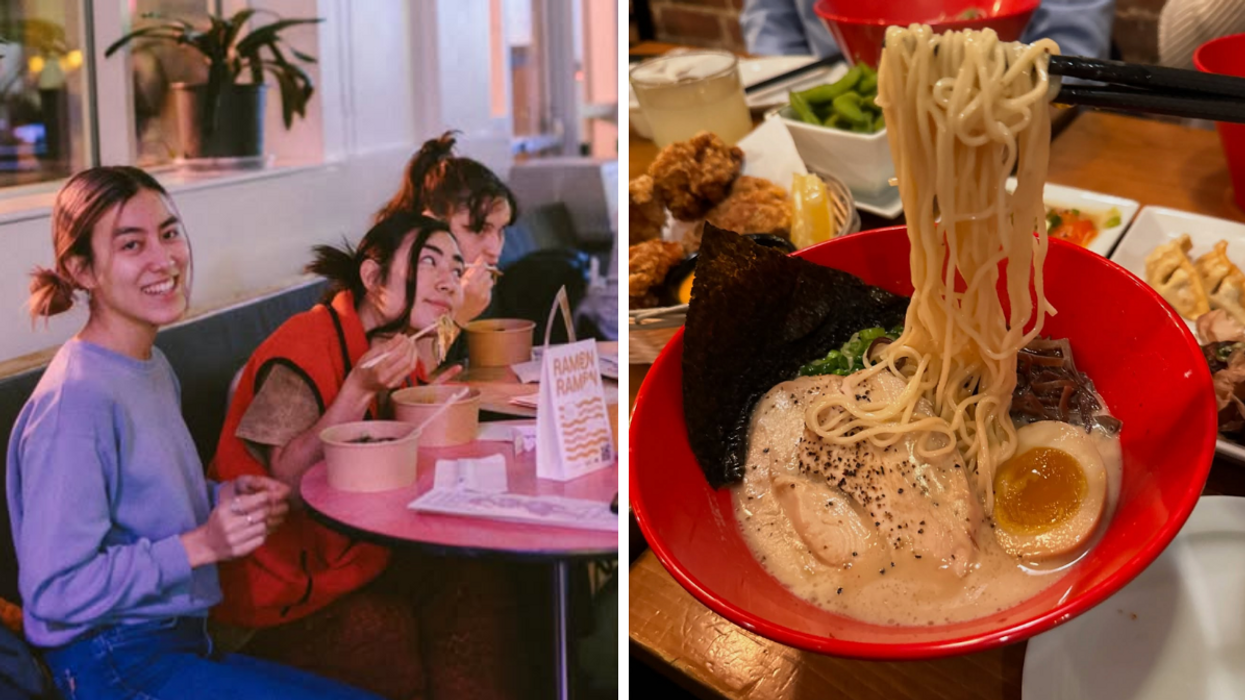 Des gens qui mangent du ramen à Montréal. Droite : Un bol de ramen.