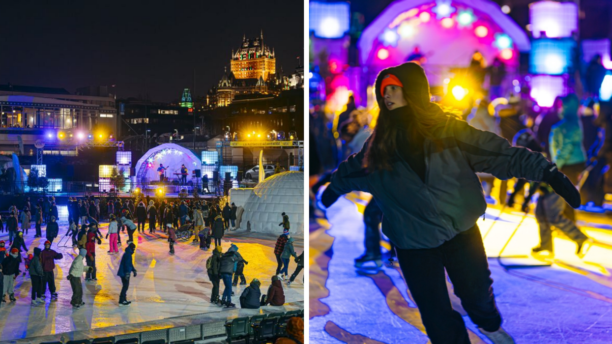Des gens qui patinent sur la Discoglace du Port de Québec toute illuminée. Droite : Une personne qui patine à la Discoglace du Port de Québec.