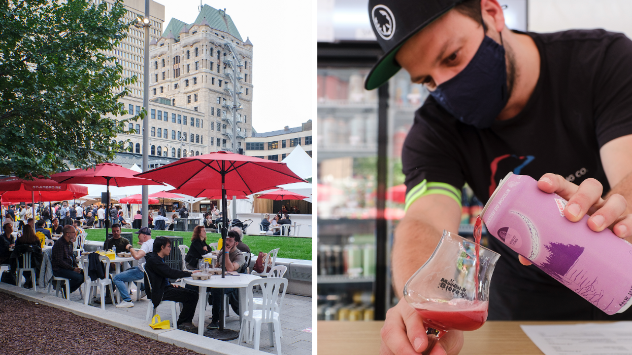 Des gens s'assoient à des tables extérieures au Mondial de la bière. Droite : Une personne verse une canette de bière dans un verre.