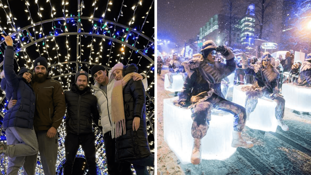 Des gens sur le sentier du quai Paquet. Droite : Le défilé du Carnaval de Québec.