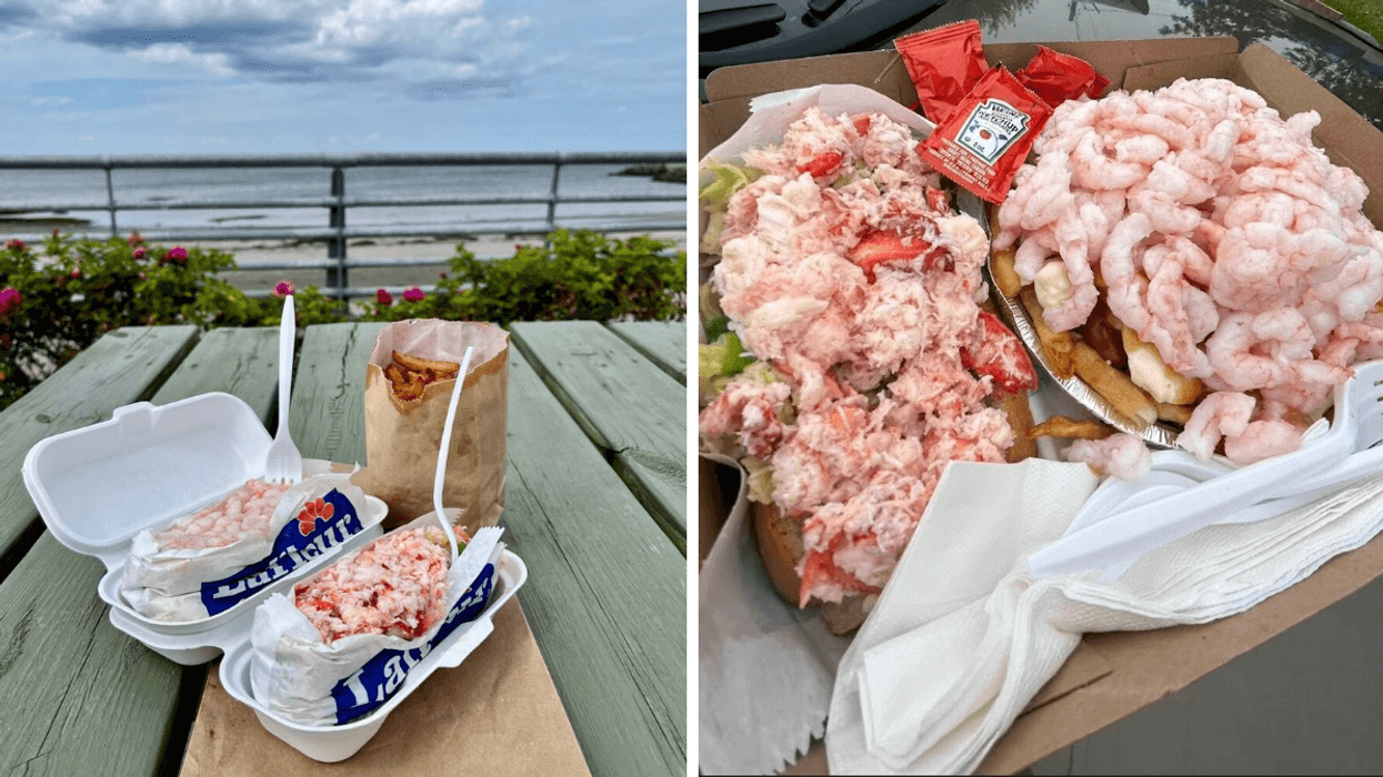 Des guédilles de la Cantine Sainte-Flavie. Droite : Une guédille au homard et une poutine aux crevettes.