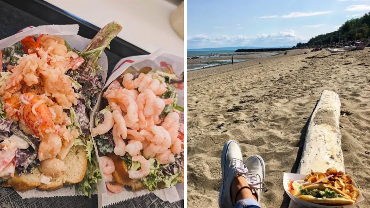 Des guédilles du Casse-Croûte Chez Ginette. Droite : Une personne sur la plage.
