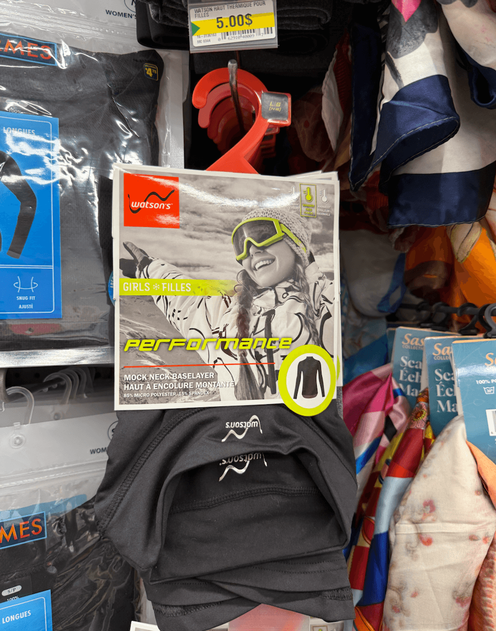 Des haut couche de base isotherme \u00e0 manches longues pour filles, Performance, Watson's \u00e0 5 $ au Dollarama.