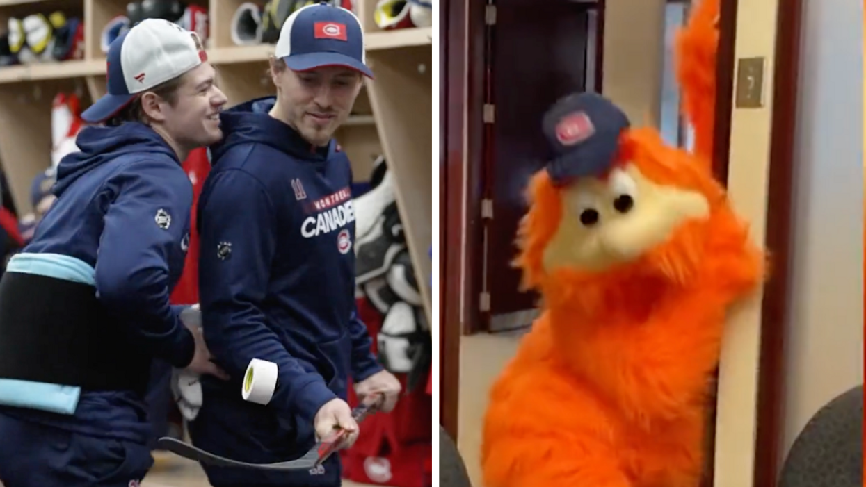 Des joueurs du Canadien. Droite : Youppi! la mascotte du CH.