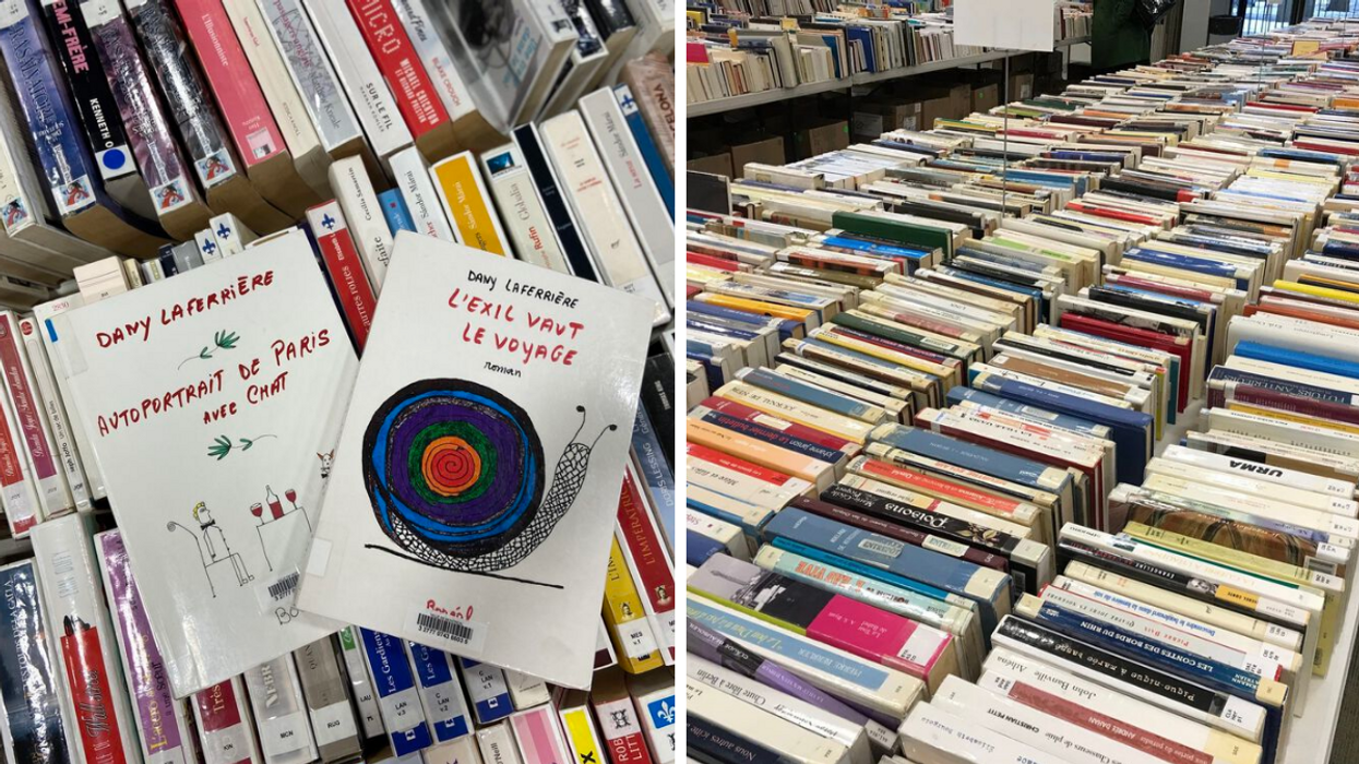 Des livres usagés à vendre pour le Grand Solde de livres à Montréal. Droite : Une table remplie de livres usagés à vendre pour le Grand Solde de livres à Montréal.
