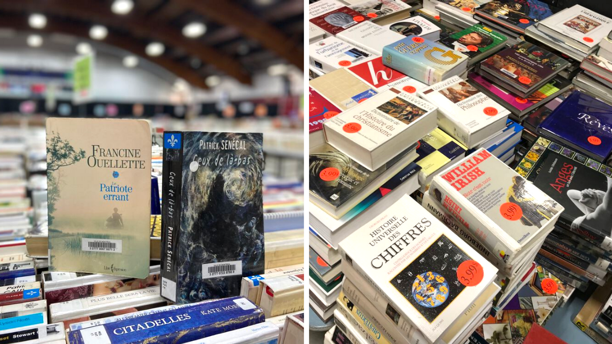 Des livres usagés à vendre pour le Grand Solde de livres à Montréal. Droite : Une table remplie de livres usagés à vendre pour le Grand Solde de livres à Montréal.