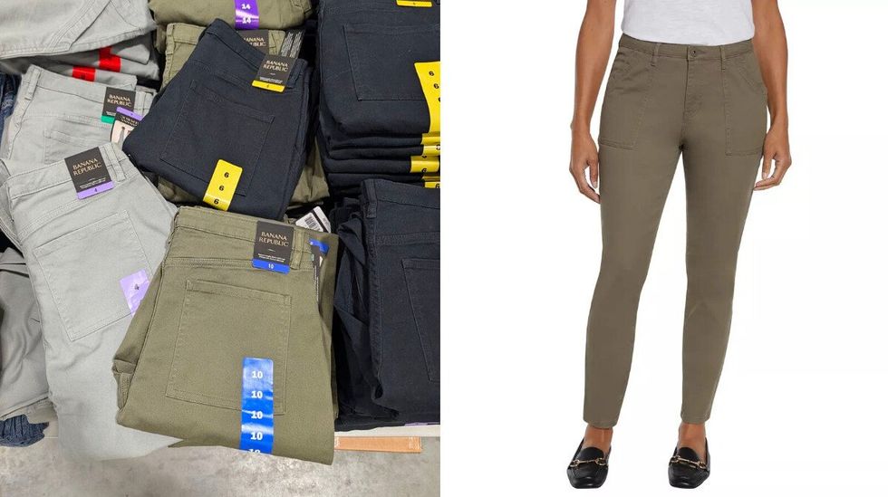 Des pantalons gris, kaki et noirs vendus dans le rayon des v\u00eatements chez Costco. Droite : une mannequin qui porte un pantalon skinny kaki.