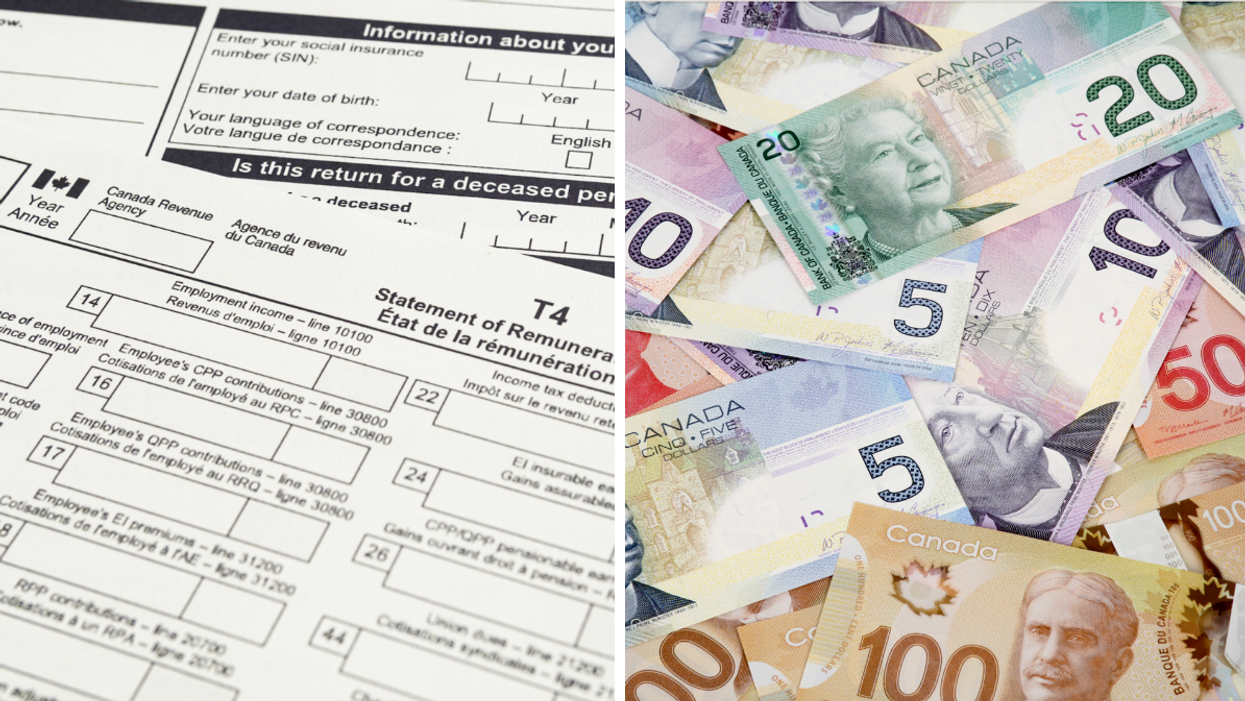 Des papiers d'impôts. Droite : De l'argent canadien.