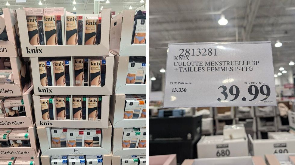 Des paquets de culottes menstruelles de marque Knix vendues dans le rayon mode chez Costco. Droite : affiche du prix des culottes menstruelles vendues chez Costco, d\u00e9taill\u00e9es \u00e0 39,99 $.