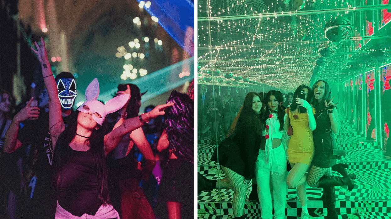 Des personnes à la rave Requiem. Droite : Des personnes au party d'Halloween de La Voûte.