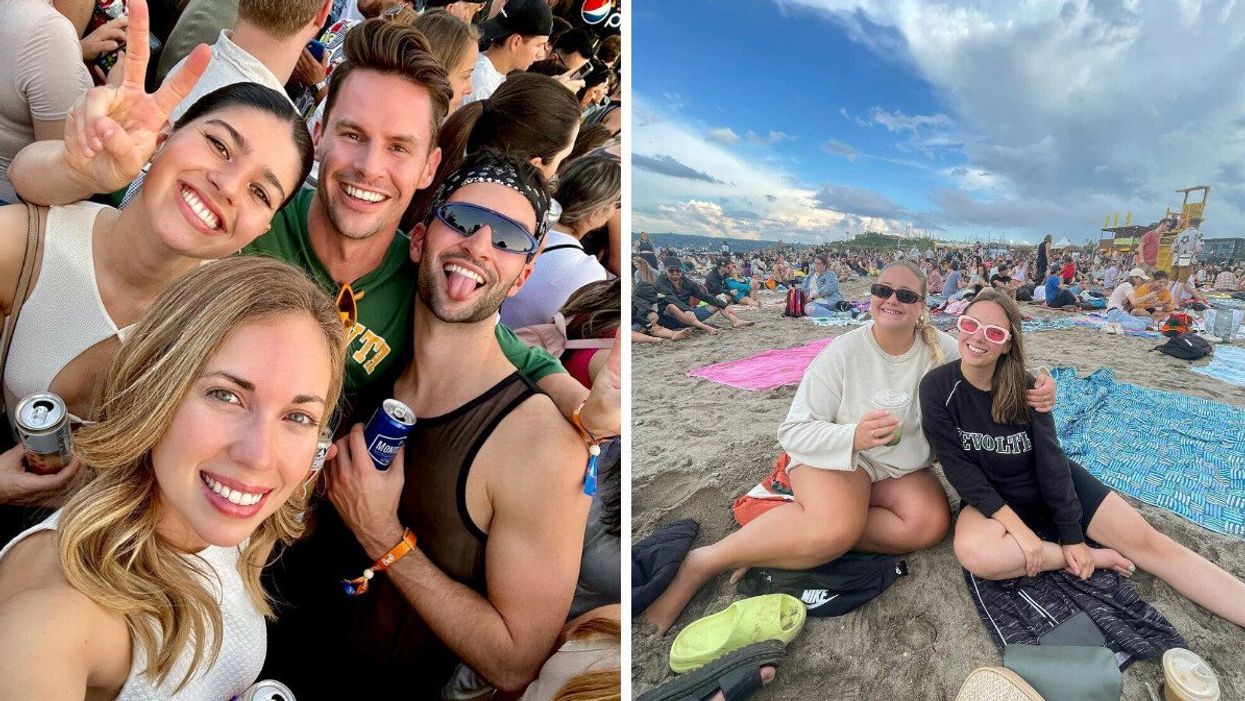 Des personnes au Festival d'été de Québec. Droite : Deux personnes à la plage de Québec.