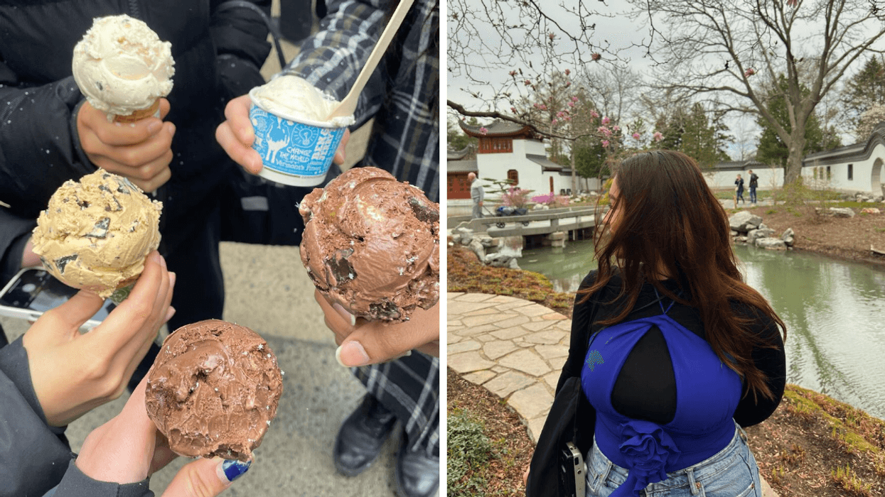 Des personnes ayant un crème glacée à la main. Droite : Une personne au Jardin botanique.