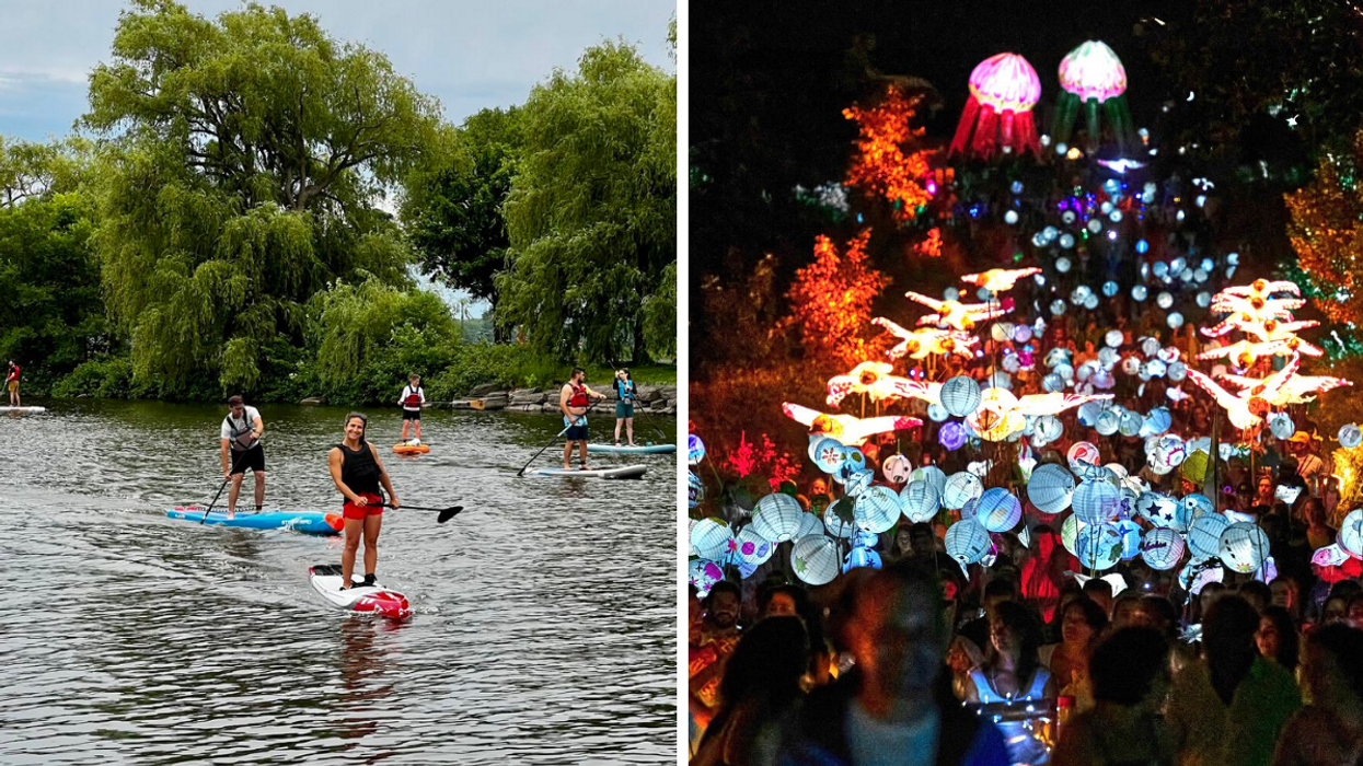 Des personnes en SUP. Droite : Une parade illuminée.