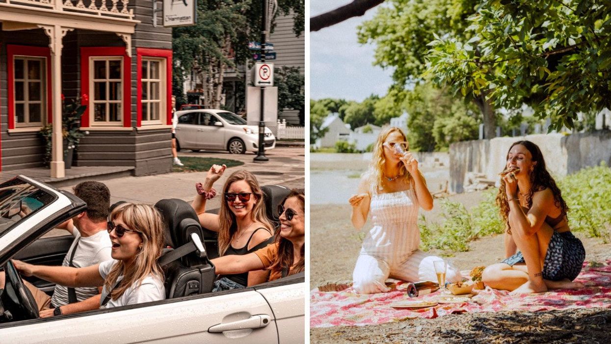 Des personnes en voiture. Droite : Un pique nique.