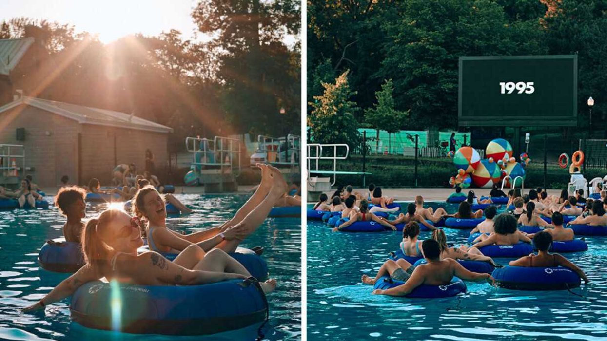 Des personnes flottent dans leur bouée au parc Jean-Drapeau. Droite : le cinéma flottant du parc Jean-Drapeau.