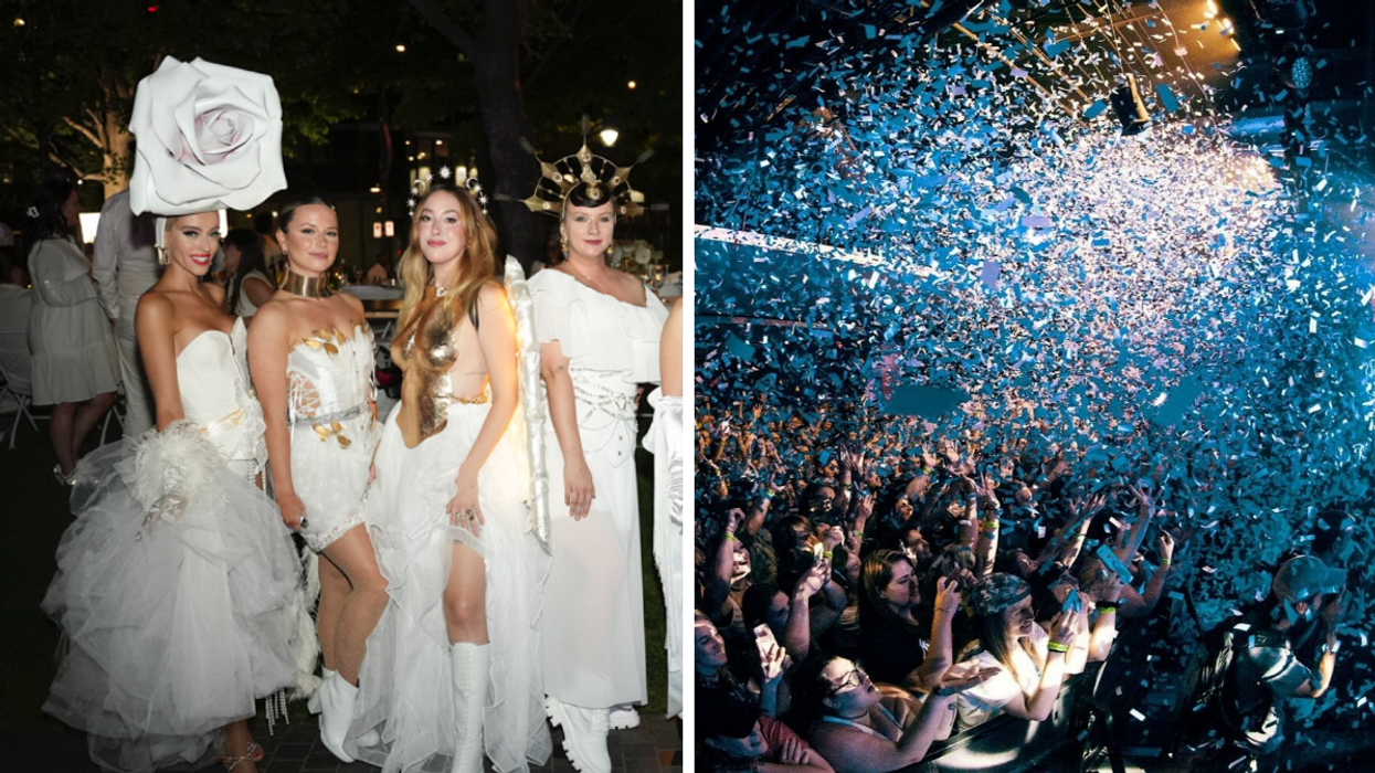 Des personnes habillées en blanc. Droite : Le Diner en blanc.