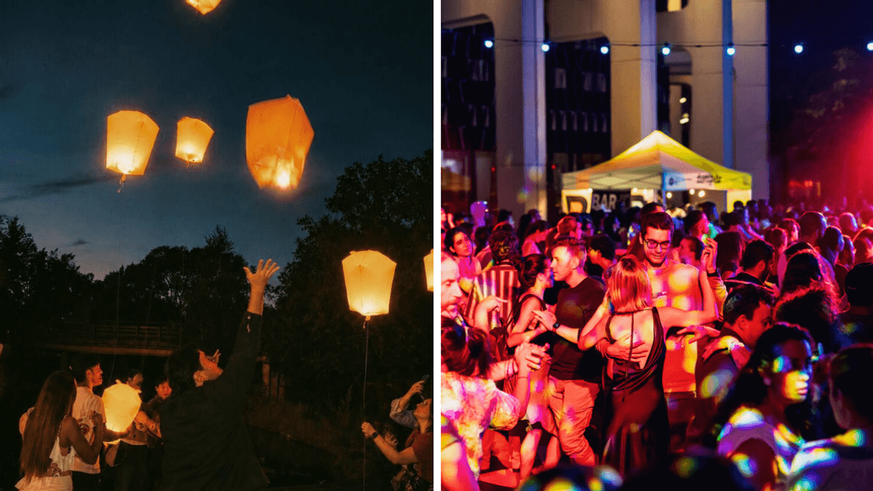 Des personnes laissant flotter des lanternes. Droite : Des gens qui dansent au festival Tempeo.
