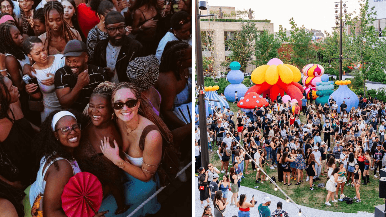 Des personnes qui font la fête au Village au Pied-du-Courant. Droite : Un événement du Festival Mural.