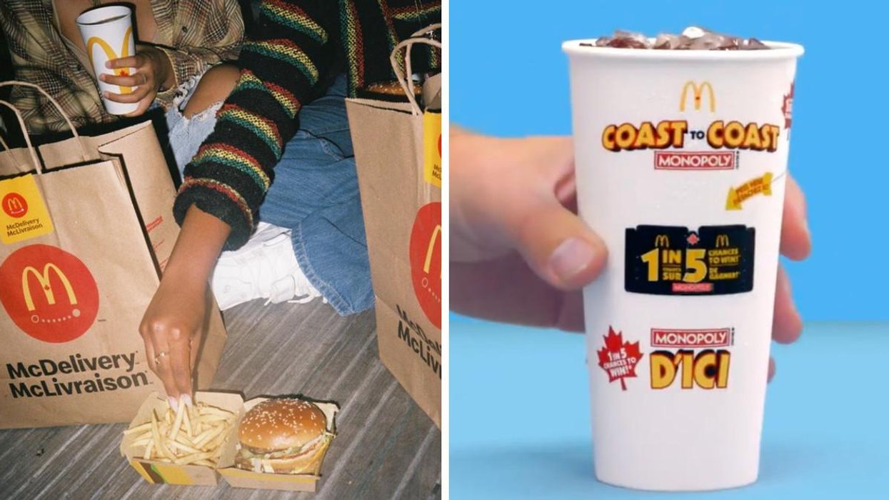 Des personnes qui mangent du McDonald's. Droite : Une boisson McDonald's avec le jeu Monopoly.