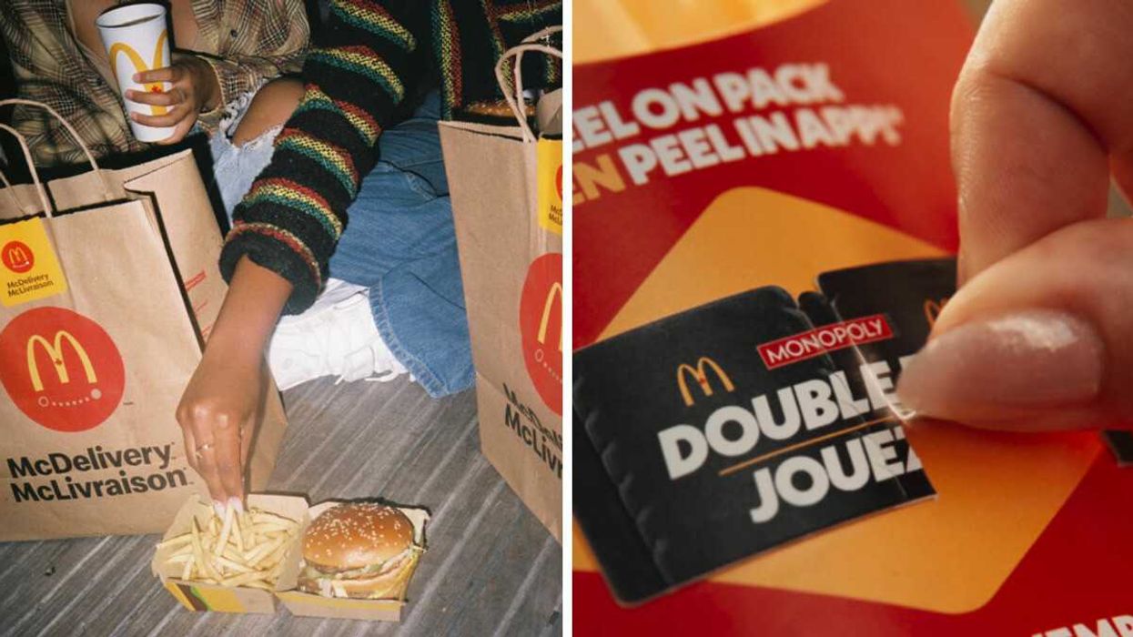 Des personnes qui mangent du McDonald's. Droite : Une frite McDonald's avec le jeu Monopoly.