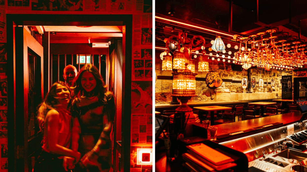 Des personnes souriantes au nouveau Tiger Bar à Québec. Droite : Le bar du Tiger Bar à Québec.