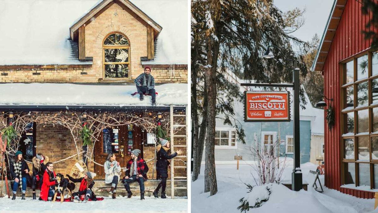 Des personnes sous la neige au Square Old Chelsea. Droite : Le Biscotti Chelsea.