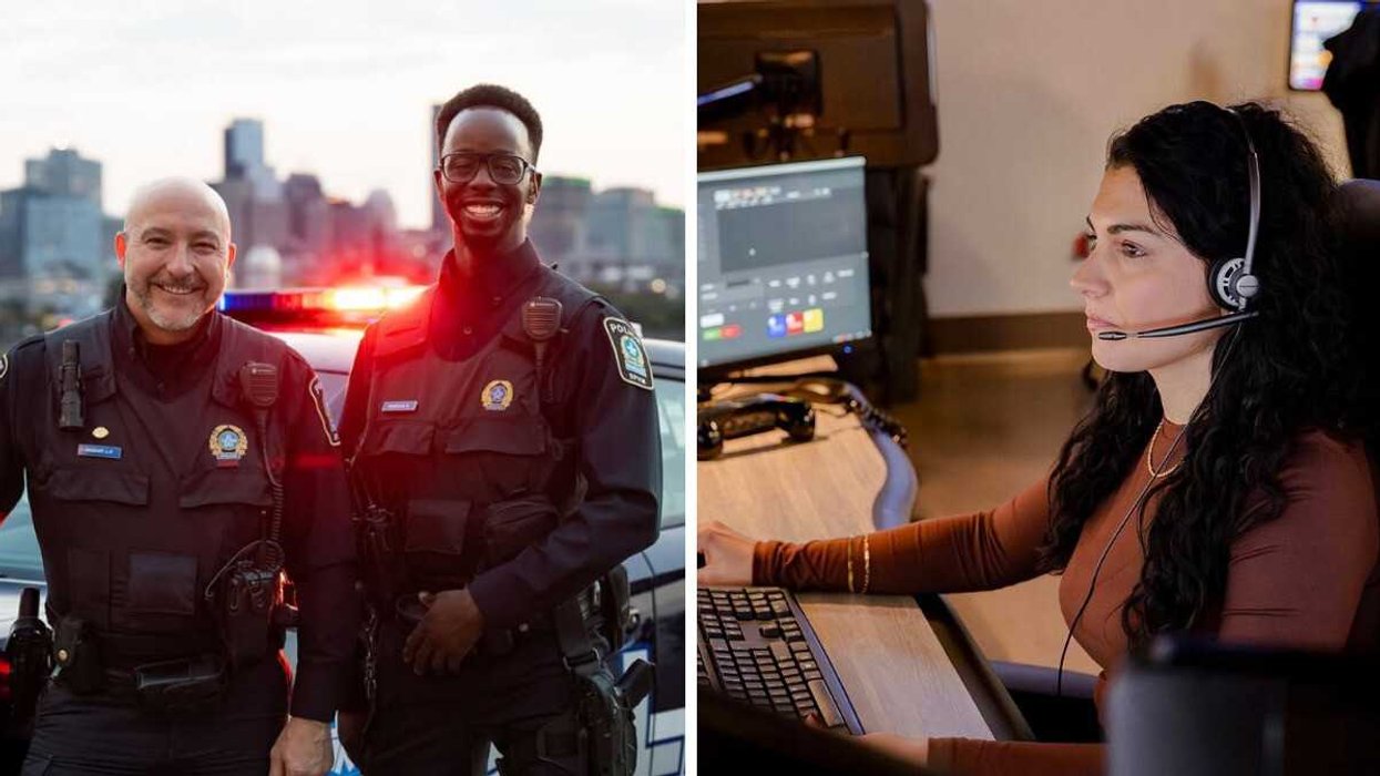 Des policiers de Montréal. Droite : Une préposée aux communications d’urgence à la Centrale 911.