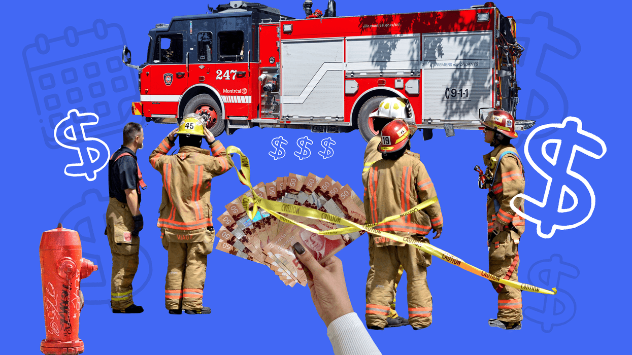 Des pompiers de Montréal, un camion de pompiers et des signes de dollars.