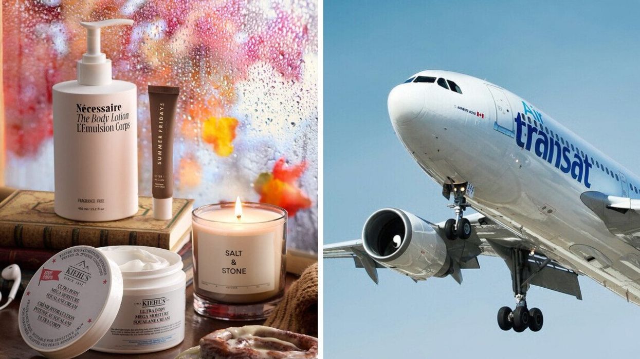 Des produits de beauté du Sephora. Droite : Avion d'Air Transat.