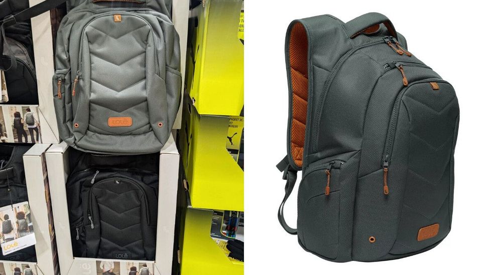 Des sacs \u00e0 dos gris et noirs de marque Lol\u00eb vendu dans le rayon des v\u00eatements chez Costco. Droite : un sac \u00e0 dos Lol\u00eb gris sur fond blanc.