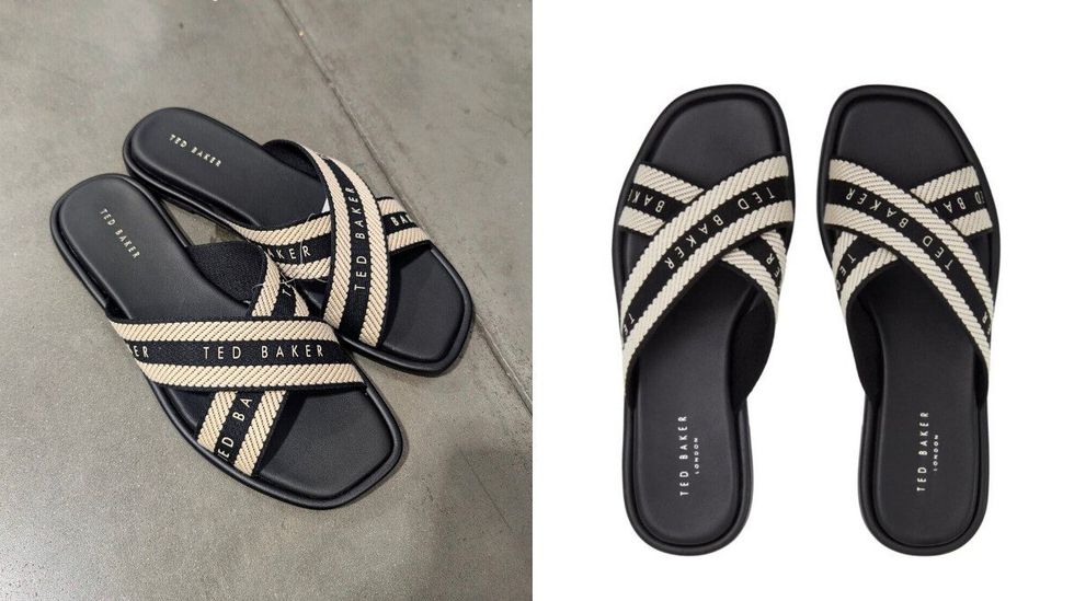 Des sandales noires et beiges Ted Baker vendues dans le rayon des v\u00eatements chez Costco. Droite : des sandales noires et beiges Ted Baker sur fond blanc.