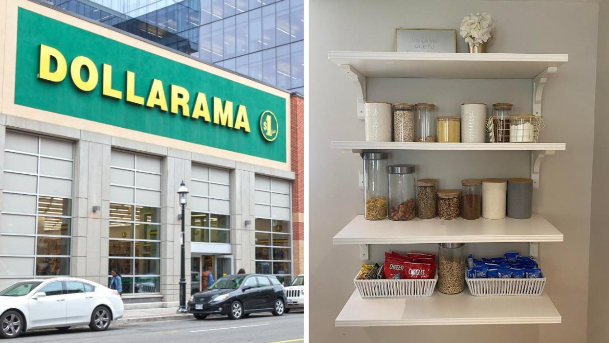 Des véhicles stationnés devant un magasin Dollarama. Droite : Organisation de garde-manger.