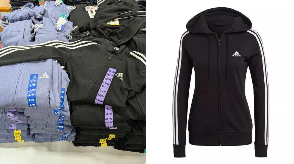 Des vestes bleu-mauve et noires Adidas vendues dans le rayon des v\u00eatements chez Costco. Droite : une veste Adidas noire sur fond blanc.